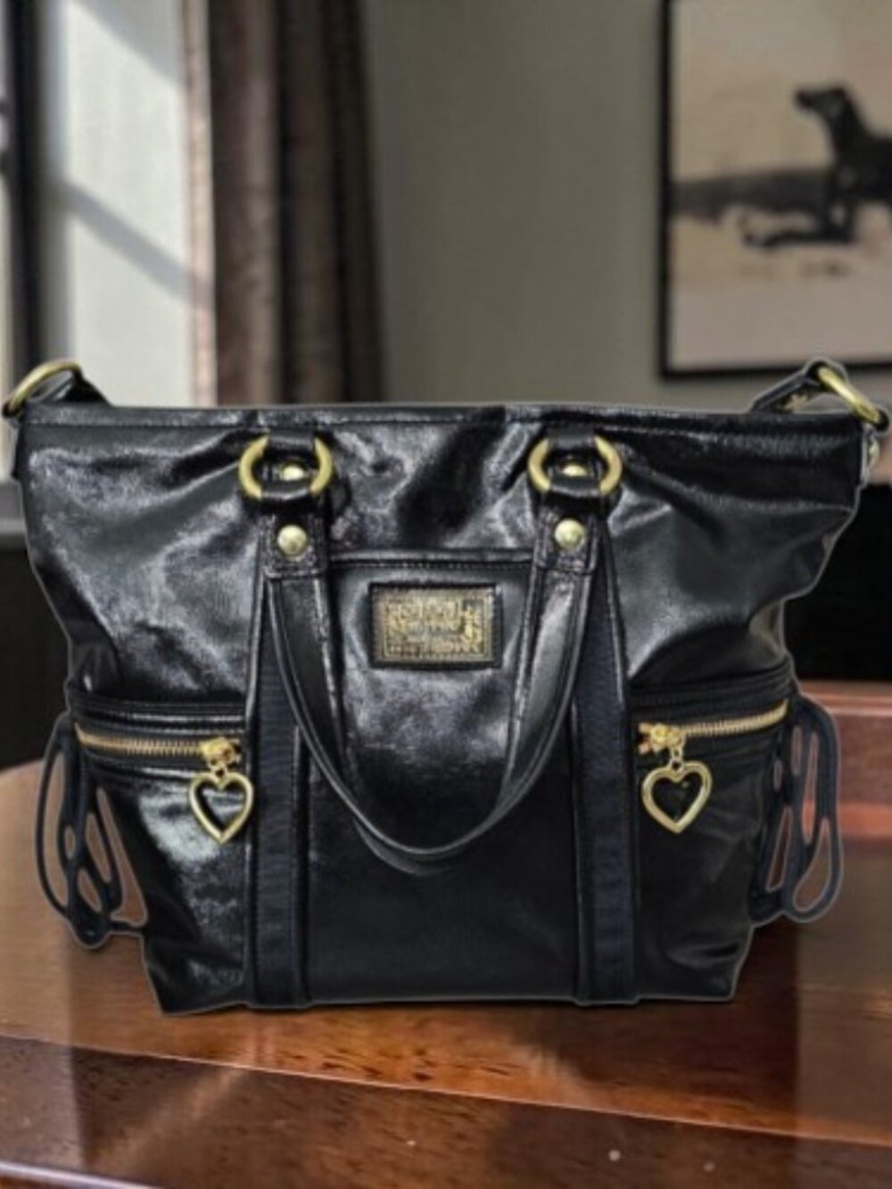 Coach Poppy Daisy Vintage Liquid Gloss Patent Leather Hobo Tote Bag COA Black